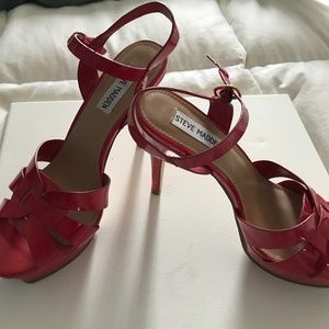 Red patent open-toe heels with platform